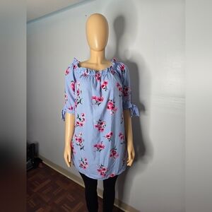 Love J Woman's Blue Striped Off-Shoulder Tunic with Pink Floral Print Size M